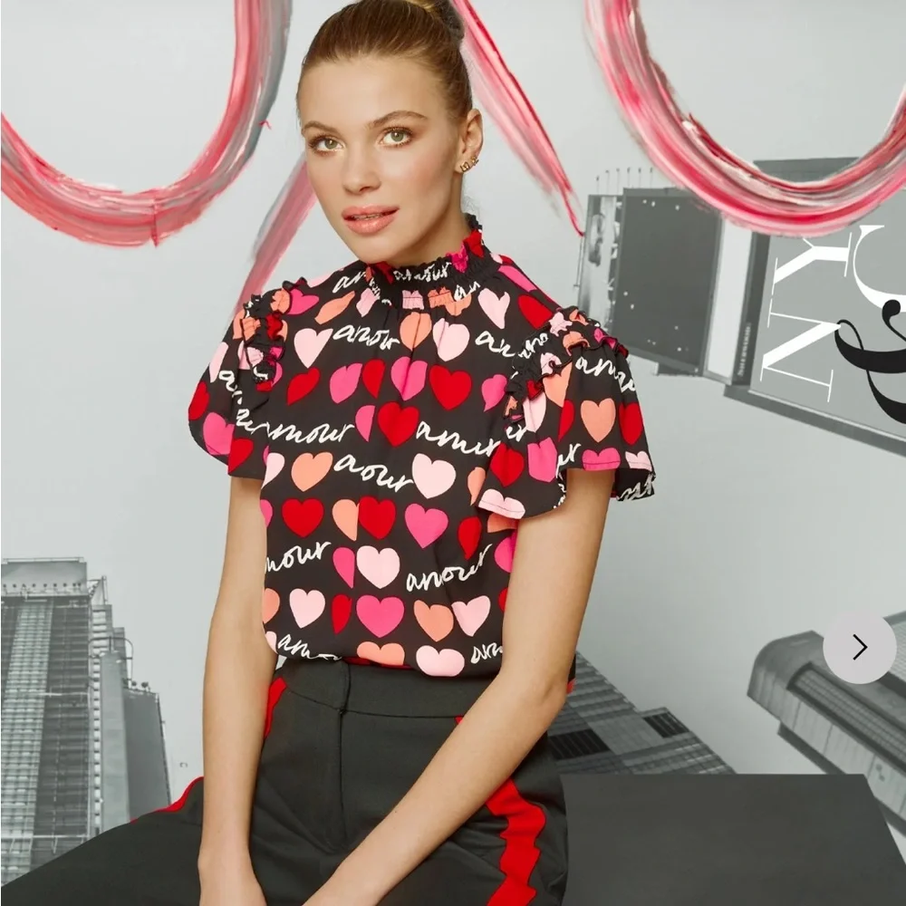 Women’s Heart Print Ruffled Mock Neck Top - Black/Pink - Picture 1 of 8